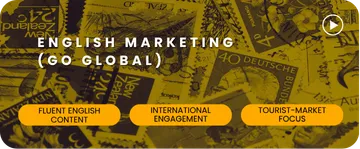 Play video: English Marketing (Go Global). Includes Fluent English content, International engagement, Tourist-market focus.