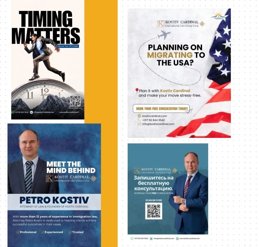 Social media posts Pillars made for Kostiv Cardinal International Law Group